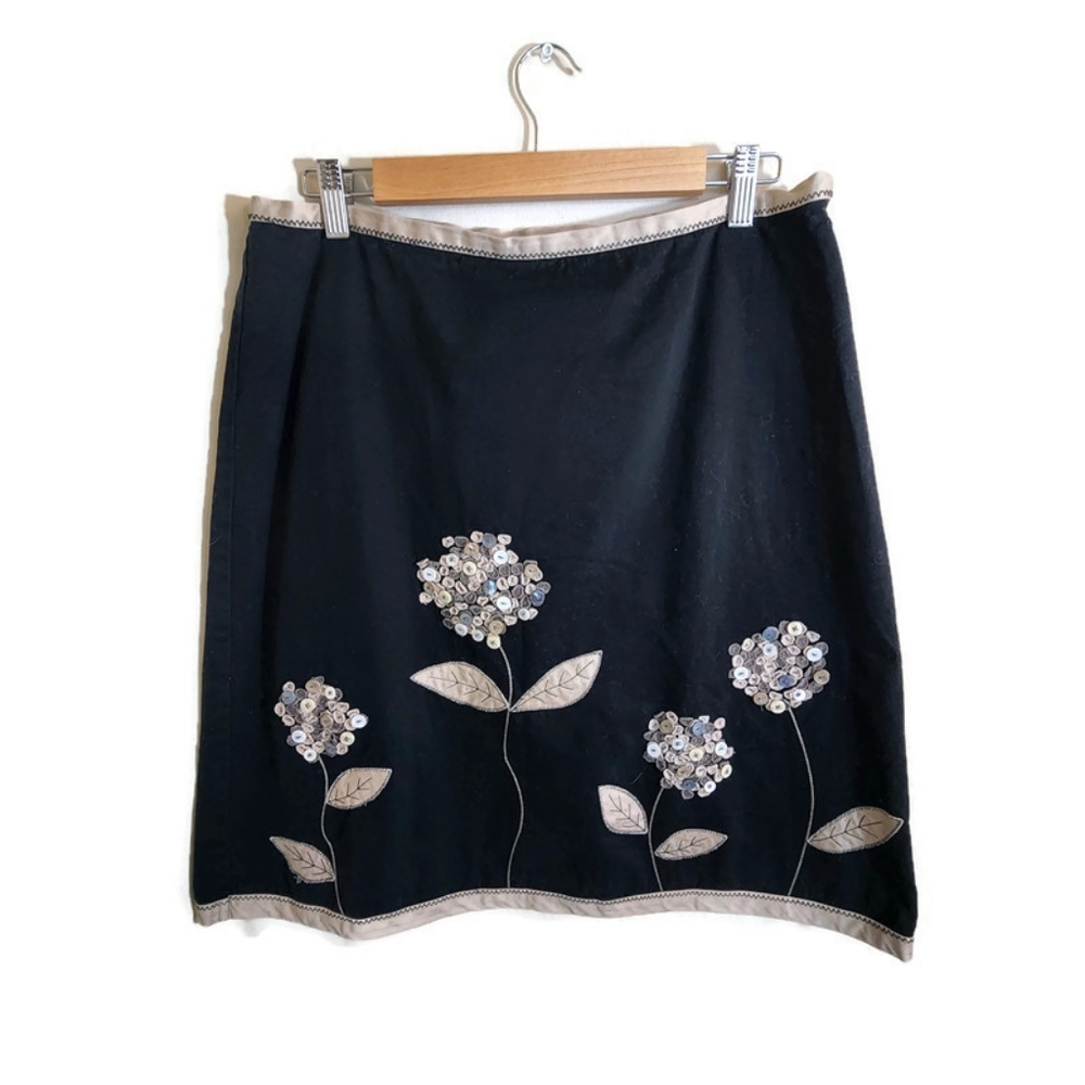 BODEN 100%Cotton Black & Tan-Gold Sequence Floral Print Pattern Circle Skirt 14R